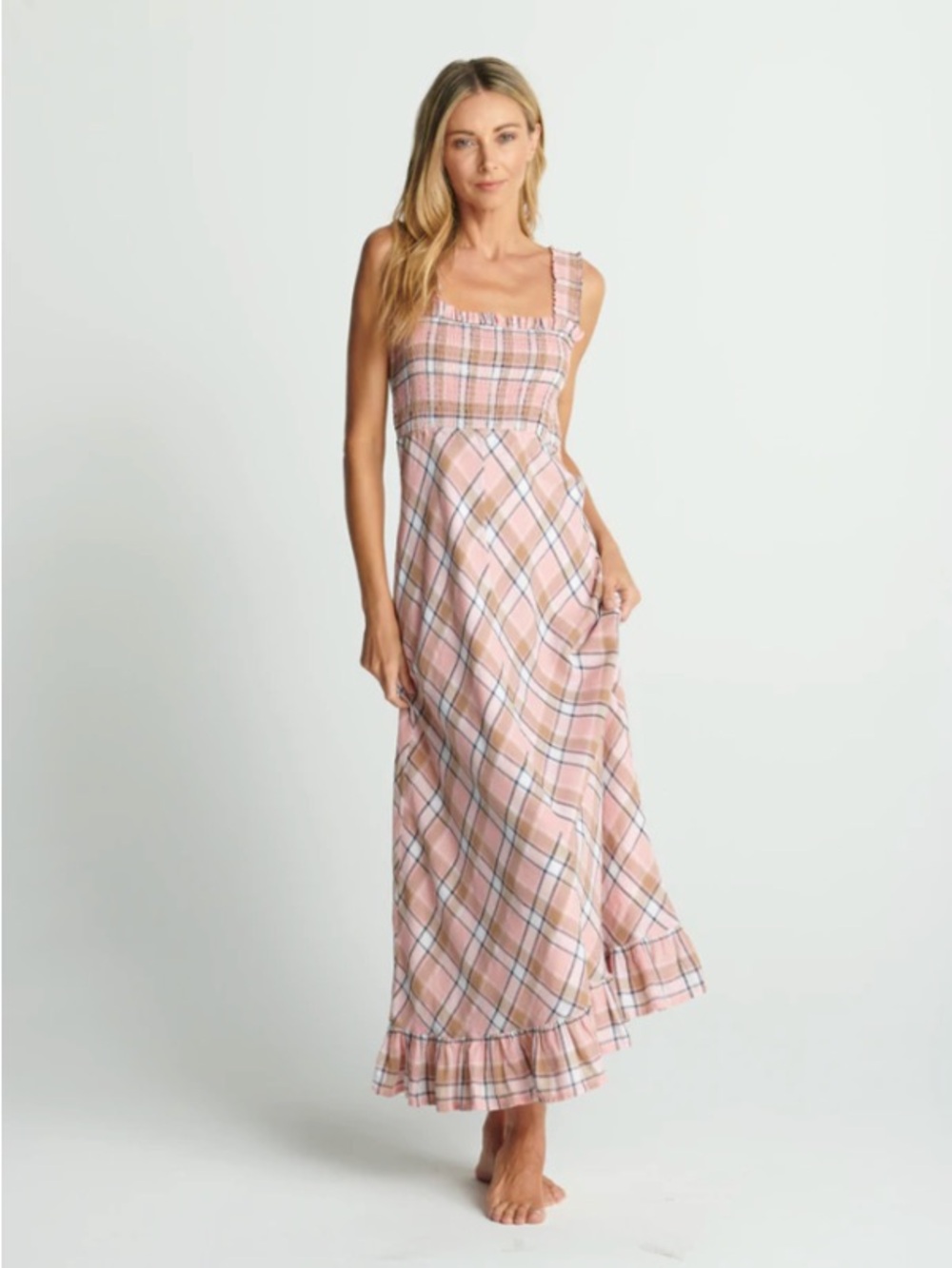 sundays Pink Plaid Maxi Dress with Ruffle Hem